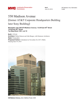 550 Madison Avenue (Former AT&T Corporate Headquarters Building Later Sony Building)