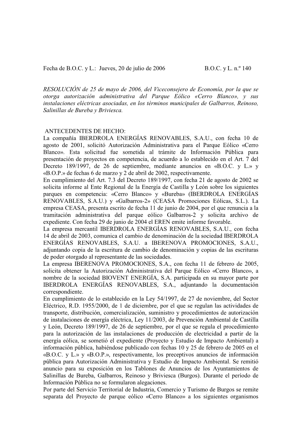 Fecha De BOC Y L.: Jueves, 20 De Julio De 2006