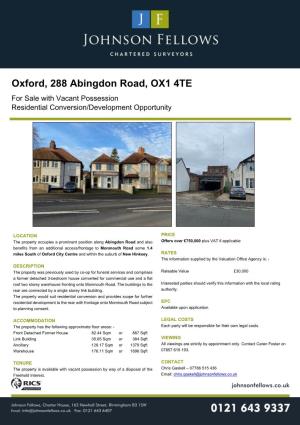 Oxford, 288 Abingdon Road, OX1 4TE for Sale with Vacant Possession Residential Conversion/Development Opportunity