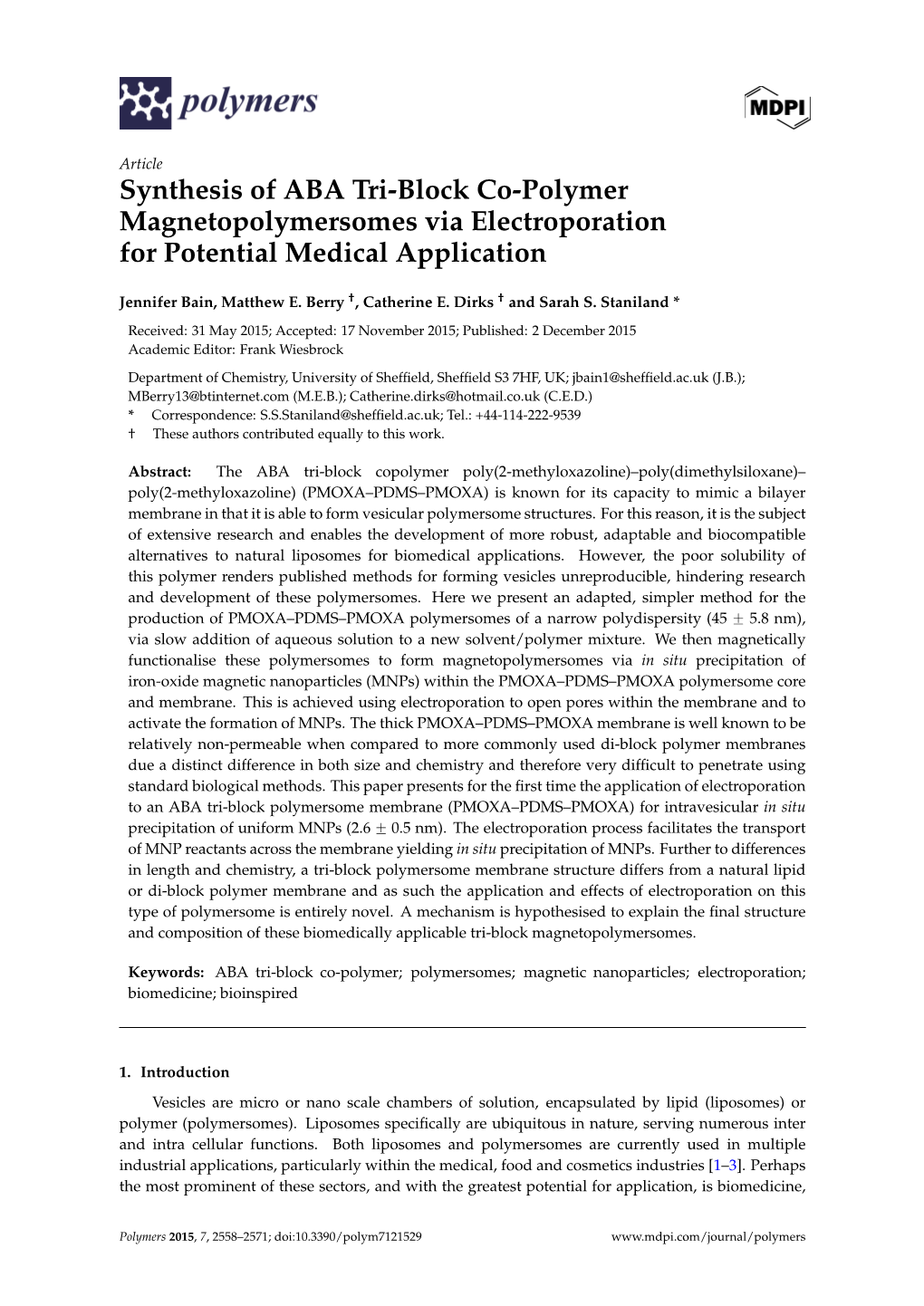 Synthesis of ABA Tri-Block Co-Polymer Magnetopolymersomes Via Electroporation for Potential Medical Application