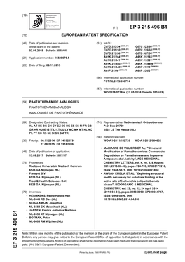 Pantothenamide Analogues Pantothenamidanaloga Analogues De Pantothénamide