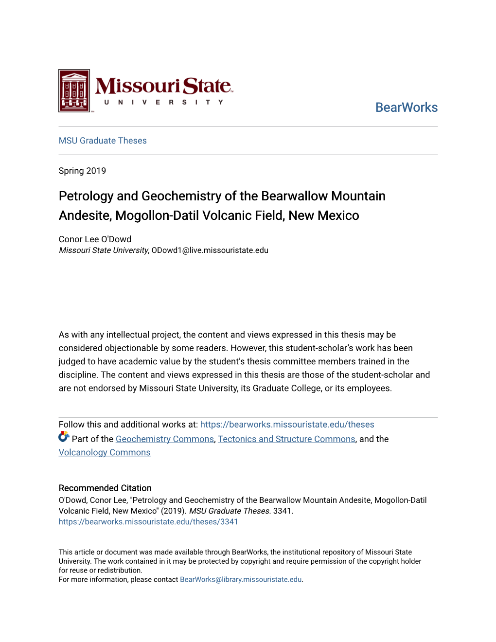 Petrology and Geochemistry of the Bearwallow Mountain Andesite, Mogollon-Datil Volcanic Field, New Mexico