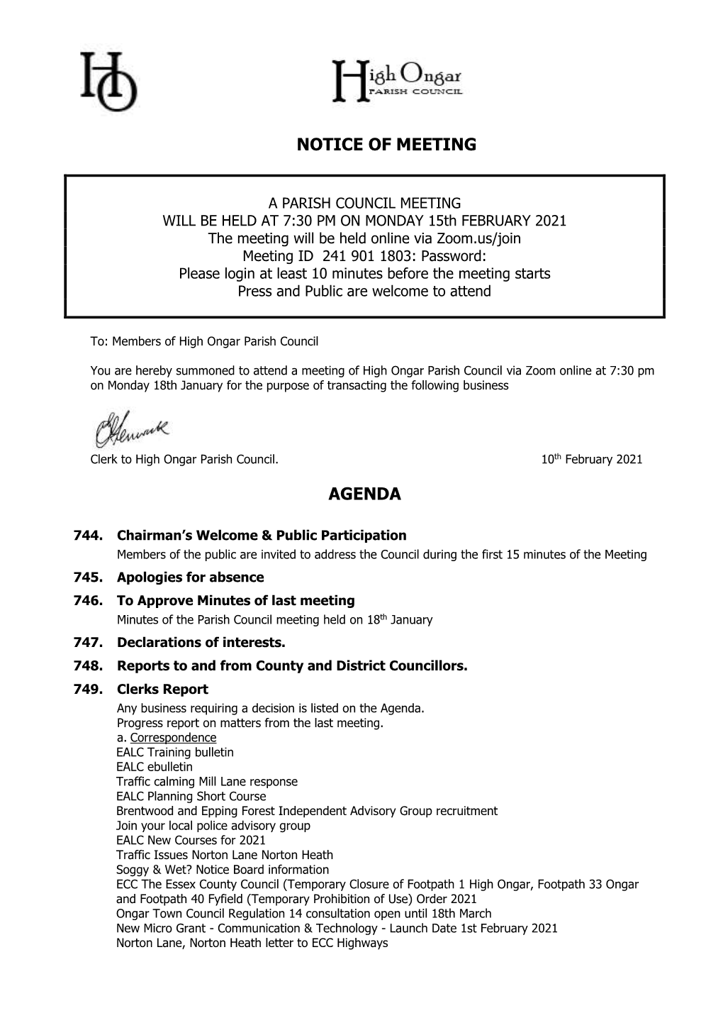 Notice of Meeting Agenda