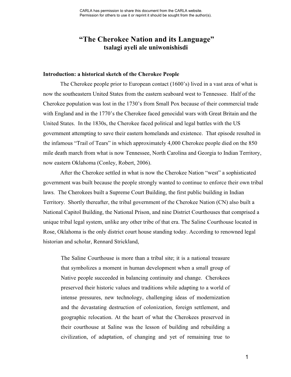 “The Cherokee Nation and Its Language” Tsalagi Ayeli Ale Uniwonishisdi