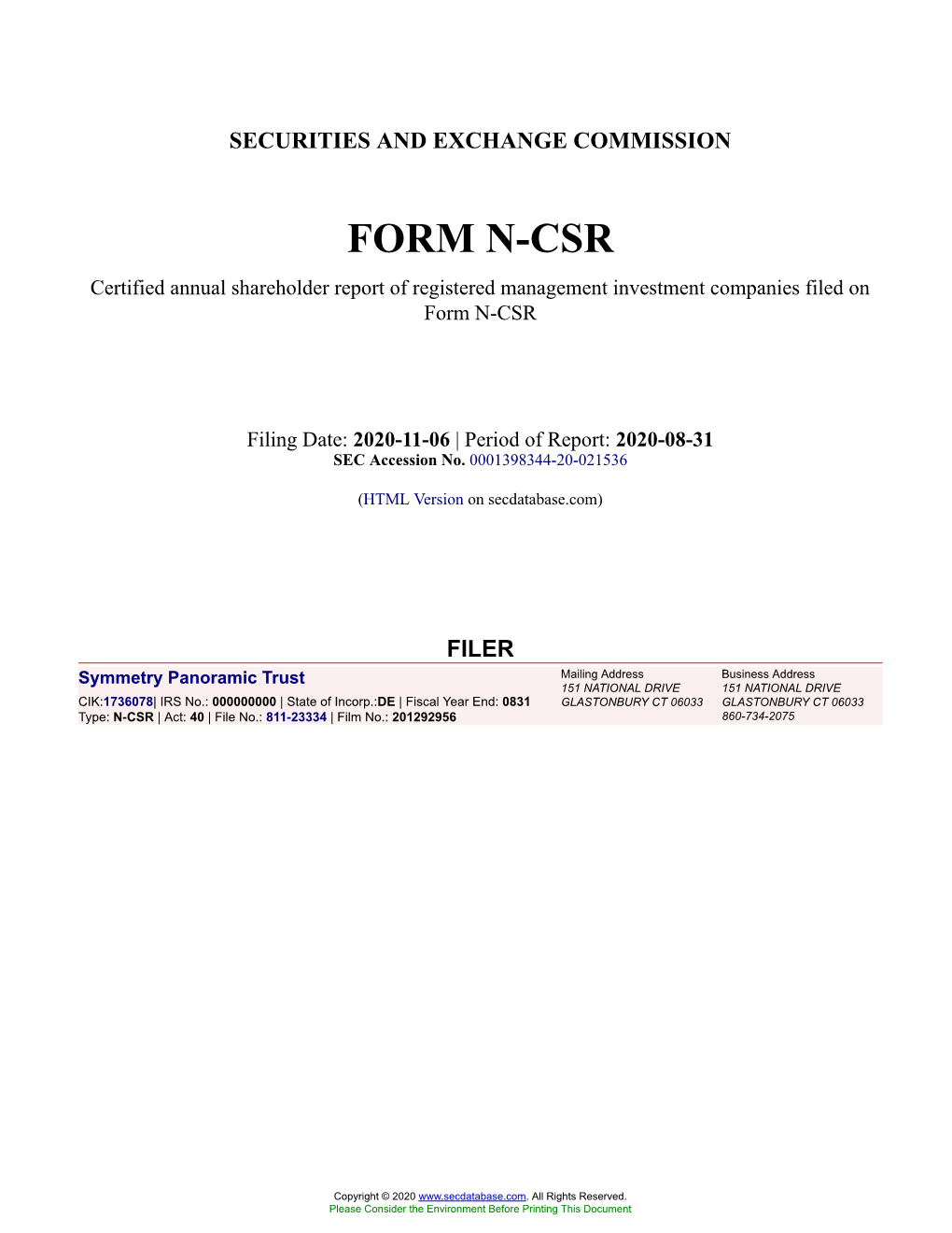 Symmetry Panoramic Trust Form N-CSR Filed 2020-11-06