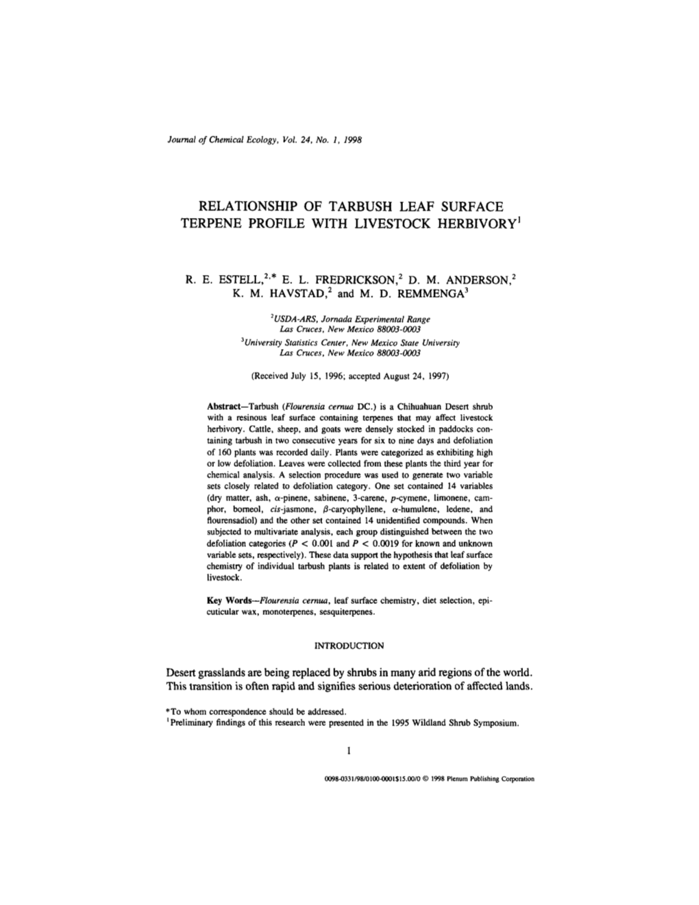 Relationship of Tarbush Leaf Surface Terpene Profile with Livestock Herbivory1