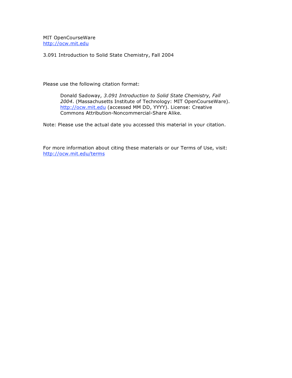 3.091 Introduction to Solid State Chemistry, Fall 2004