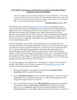 FACT SHEET: New Progress and Momentum in Support of President Obama’S Computer Science for All Initiative