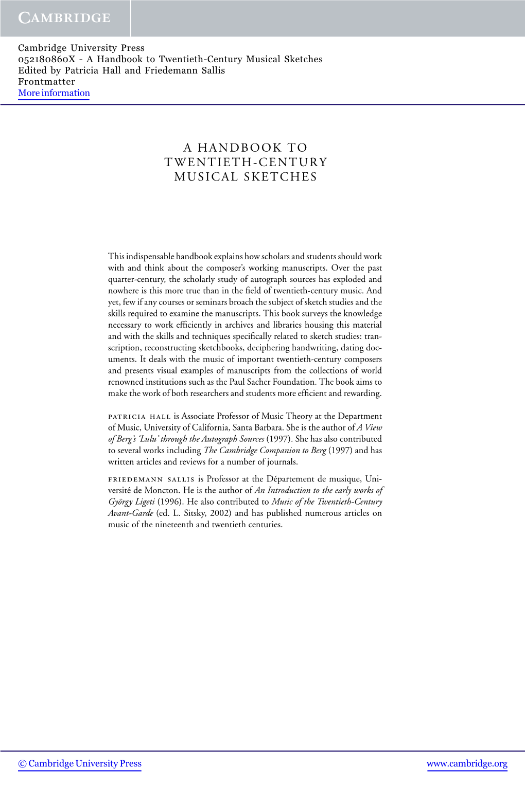 A Handbook to Twentieth-Century Musical Sketches Edited by Patricia Hall and Friedemann Sallis Frontmatter More Information