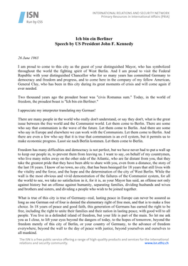 Ich Bin Ein Berliner Speech by US President John F. Kennedy