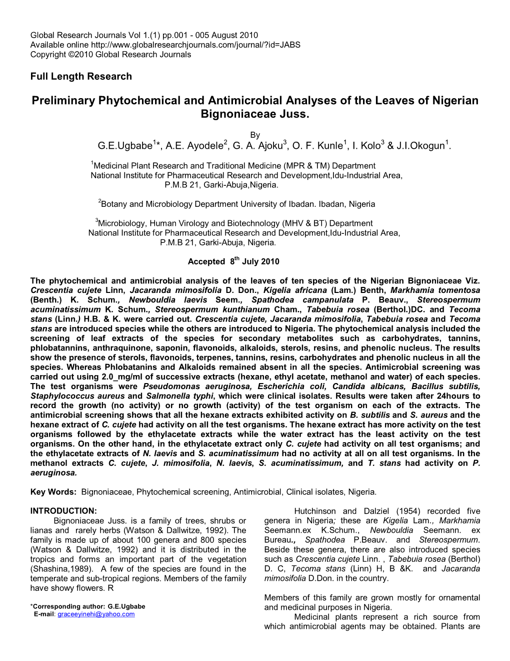 Preliminary Phytochemical and Antimicrobial Analyses of the Leaves of Nigerian Bignoniaceae Juss