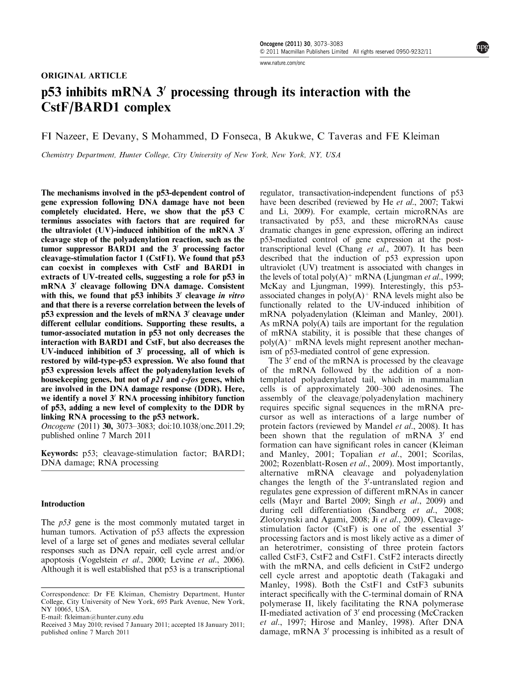 P53 Inhibits Mrna 3″ Processing Through Its Interaction