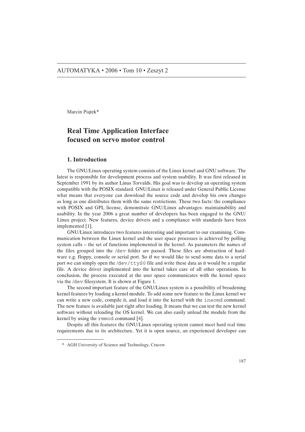 Real Time Application Interface Focused on Servo Motor Control