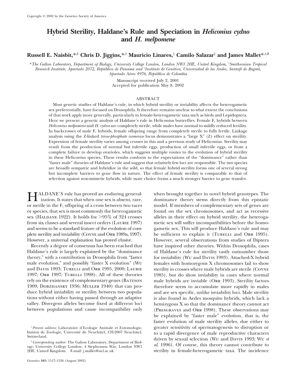 Hybrid Sterility, Haldane's Rule and Speciation in Heliconius Cydno And
