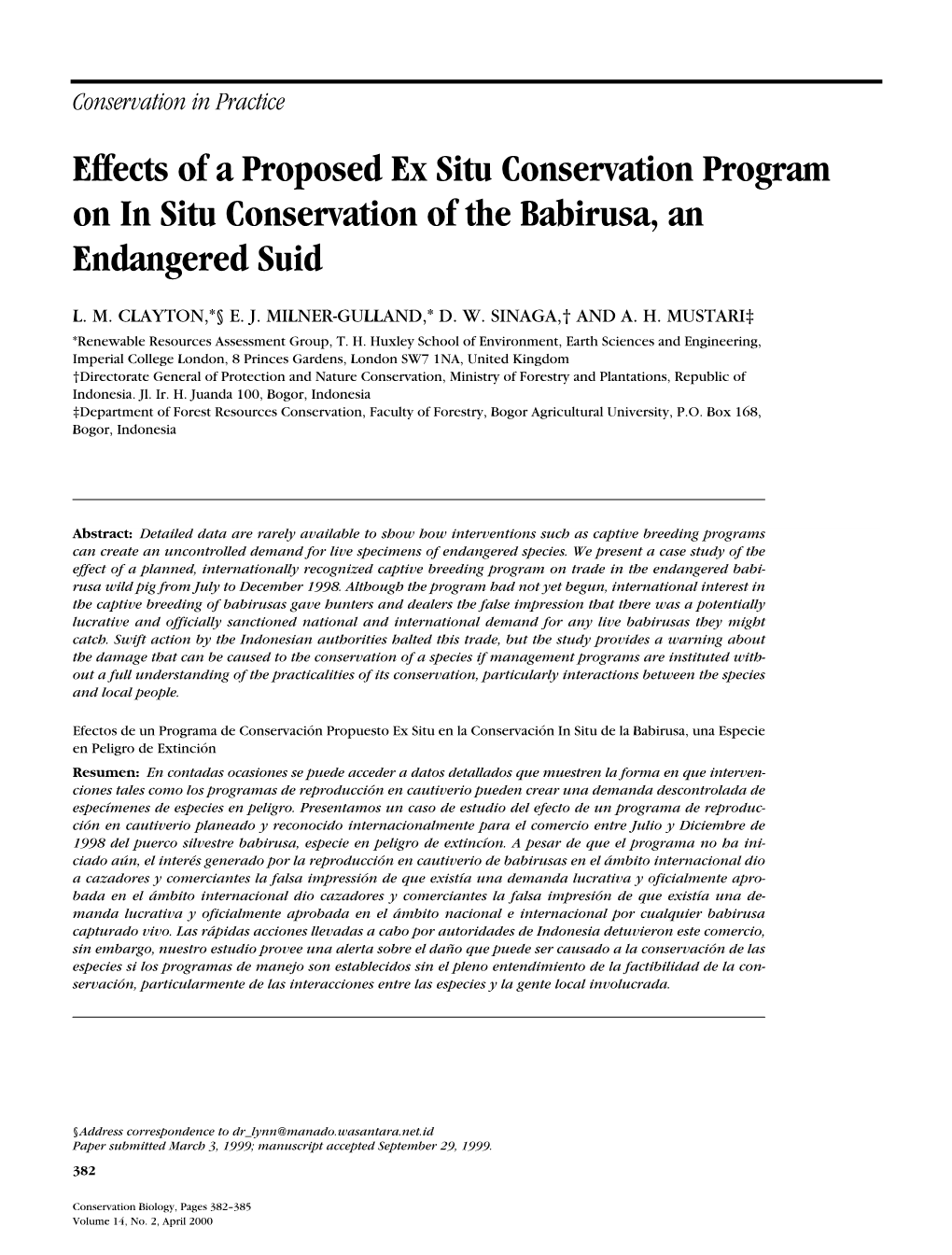 Effects of a Proposed Ex Situ Conservation Program on in Situ Conservation of the Babirusa, an Endangered Suid