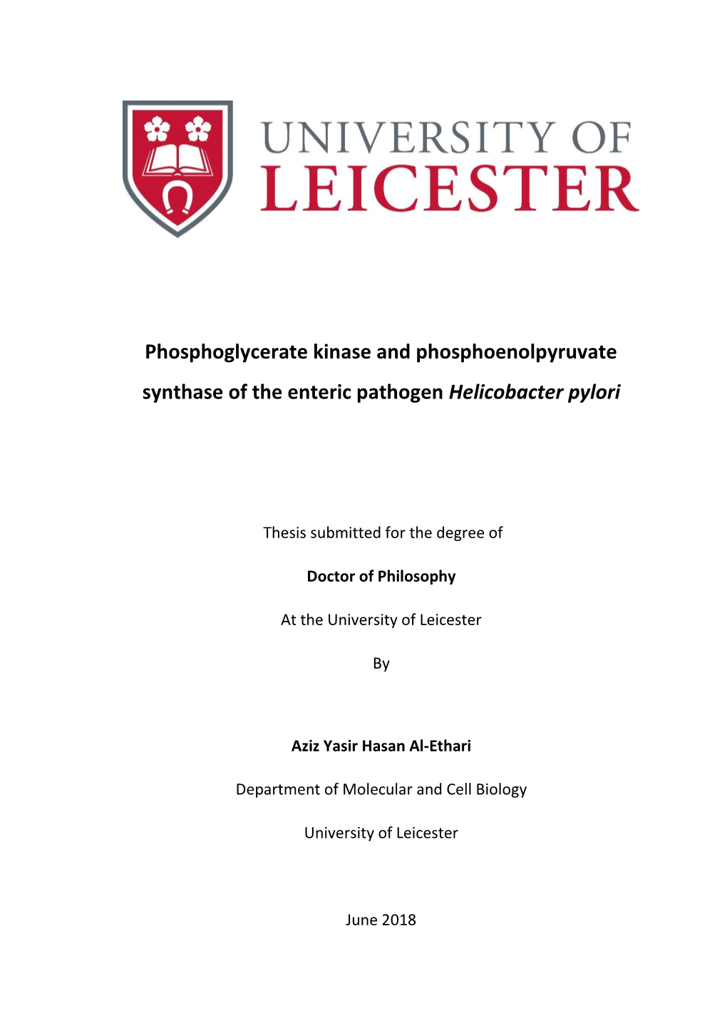 Phosphoglycerate Kinase and Phosphoenolpyruvate Synthase of the Enteric Pathogen Helicobacter Pylori