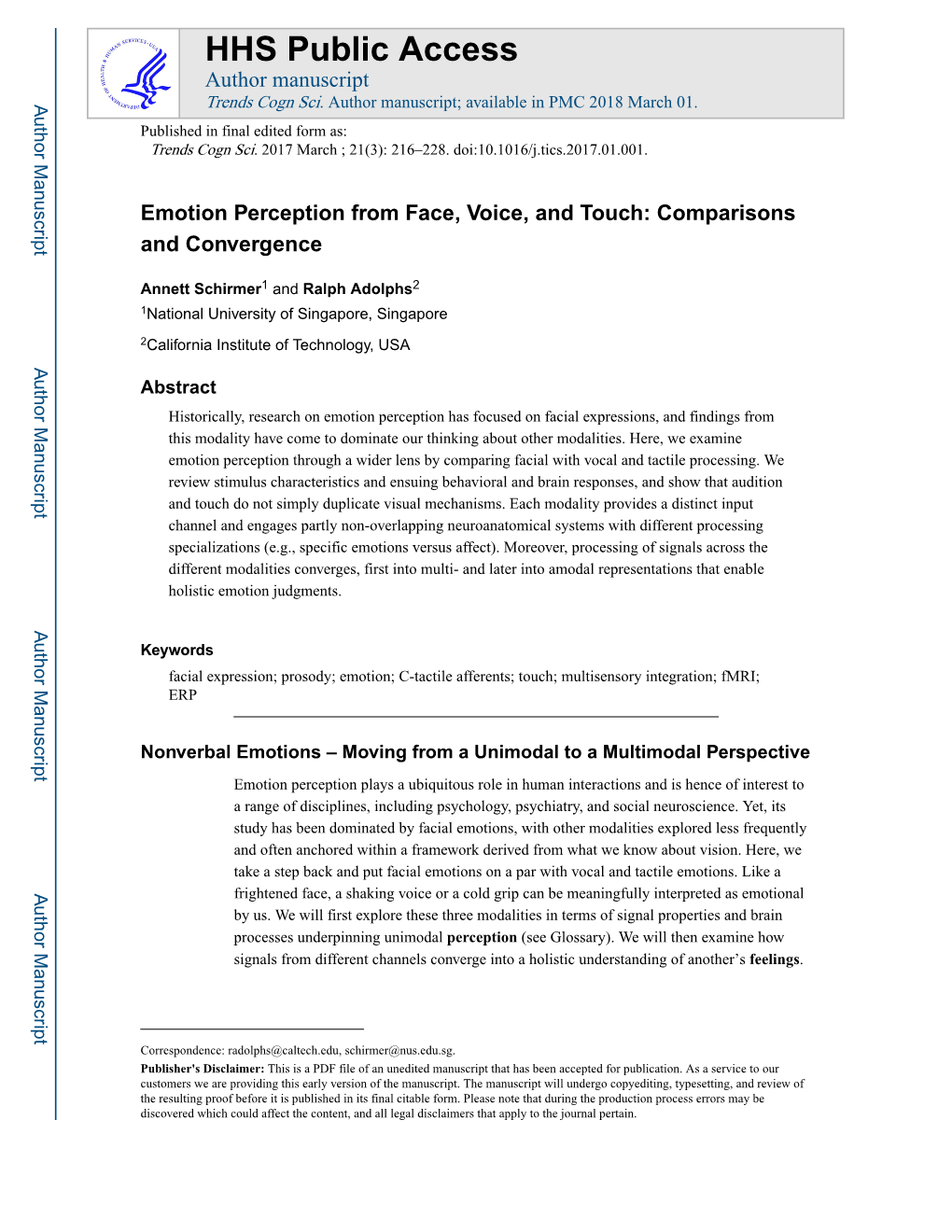 Emotion Perception from Face, Voice, and Touch: Comparisons and Convergence