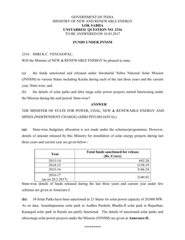 Government of India Ministry of New and Renewable Energy Lok Sabha Unstarred Question No