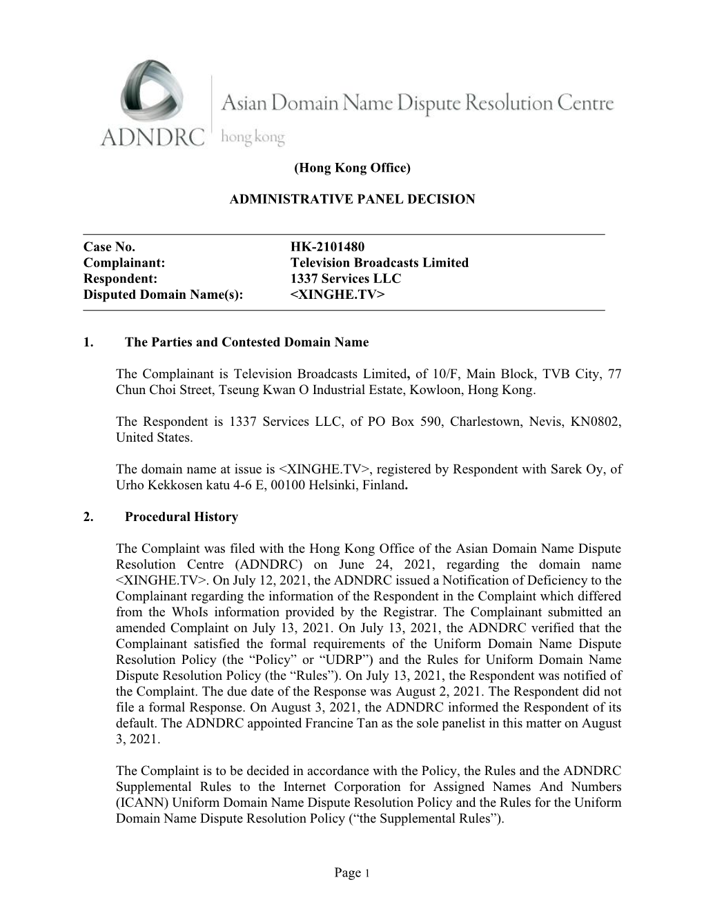 Page 1 (Hong Kong Office) ADMINISTRATIVE PANEL