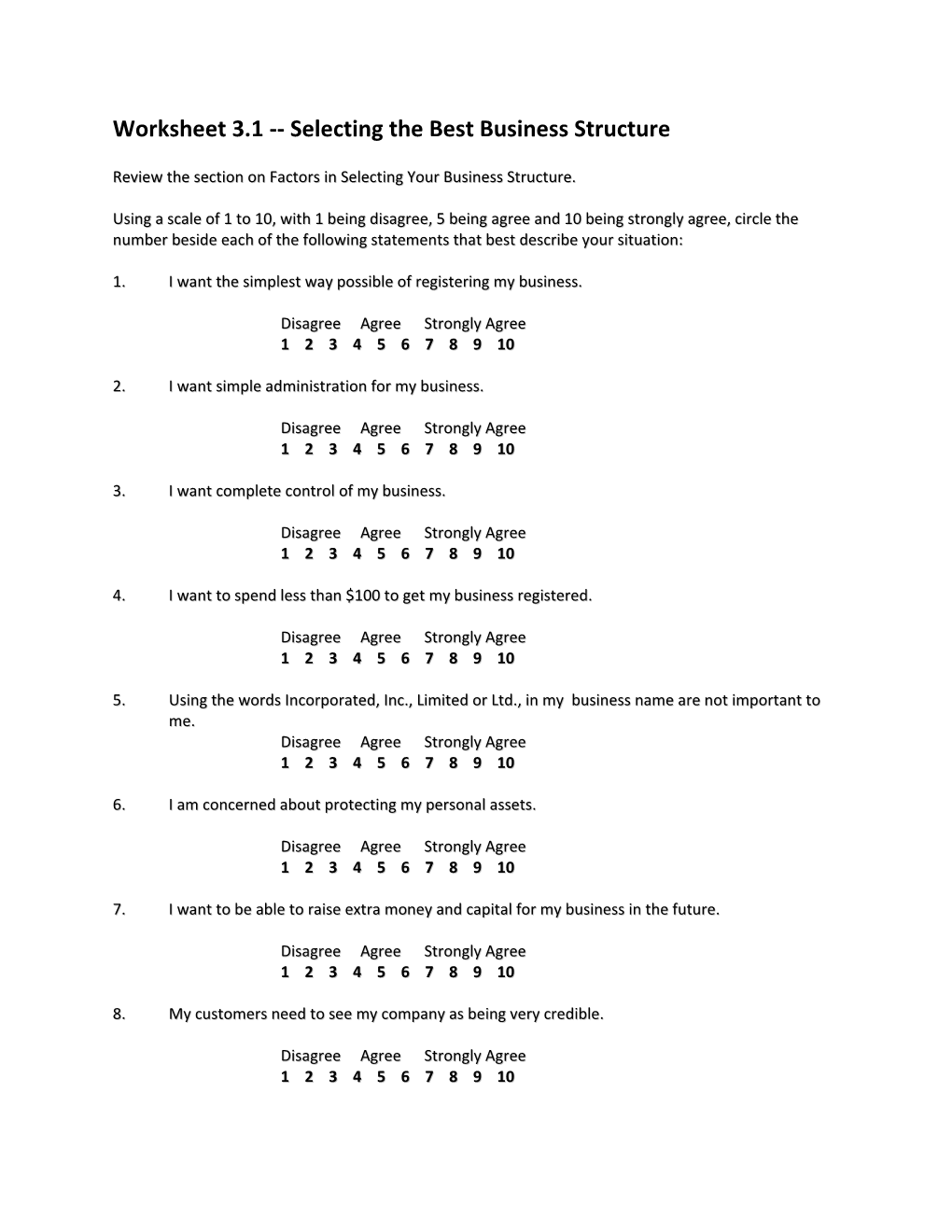 Worksheet 3.1 Selecting the Best Business Structure