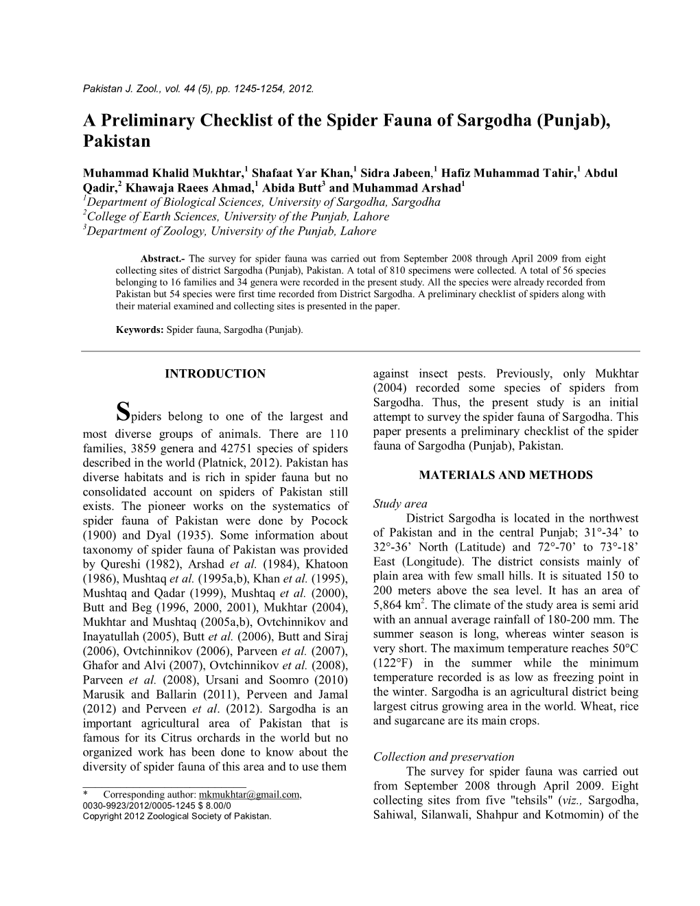 A Preliminary Checklist of the Spider Fauna of Sargodha (Punjab), Pakistan