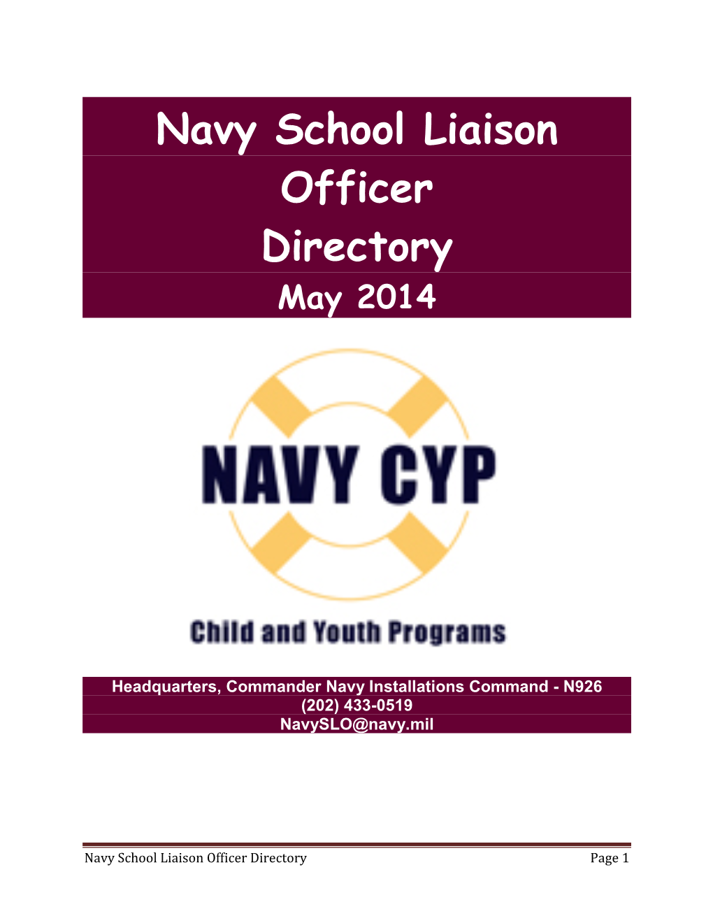 Navy School Liaison Officer Directory May 2014
