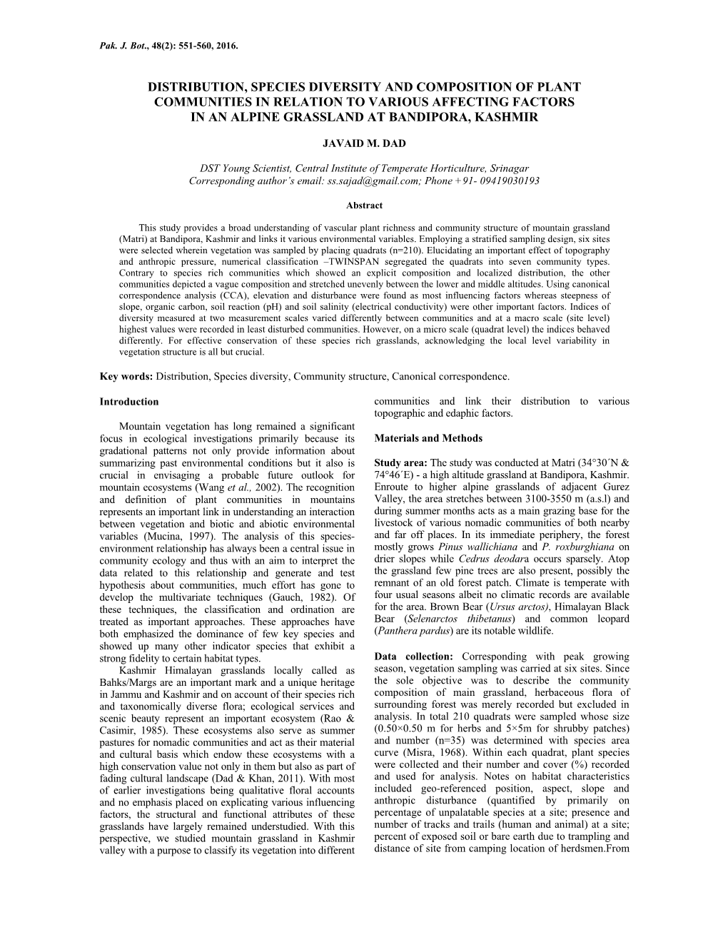 Distribution, Species Diversity and Composition of Plant Communities in Relation to Various Affecting Factors in an Alpine Grassland at Bandipora, Kashmir