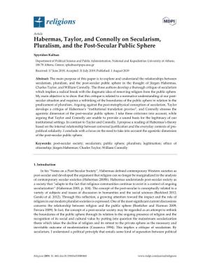 Habermas, Taylor, and Connolly on Secularism, Pluralism, and the Post-Secular Public Sphere