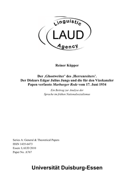 Ghostwriter' Des ‚Herrenreiters'. Der Diskurs Edgar Julius Jungs Und Die Für Den Vizekanzler Papen Verfasste Marburger Rede Vom 17. Juni 1934
