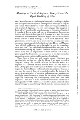 Marriage As Tactical Response: Henry II and the Royal Wedding of 1160