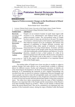 Impact of Politico-Economic Changes on the Resettlement of Kharal Tribe in Punjab Karim Haider Syed 1 Imran Khan 2