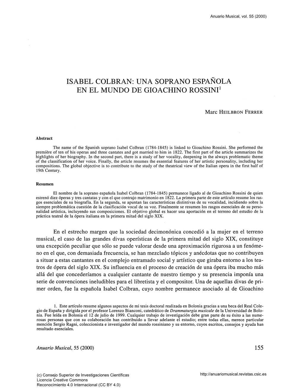 Isabel Colbran: Una Soprano Española En El Mundo De Gioachino Rossini'