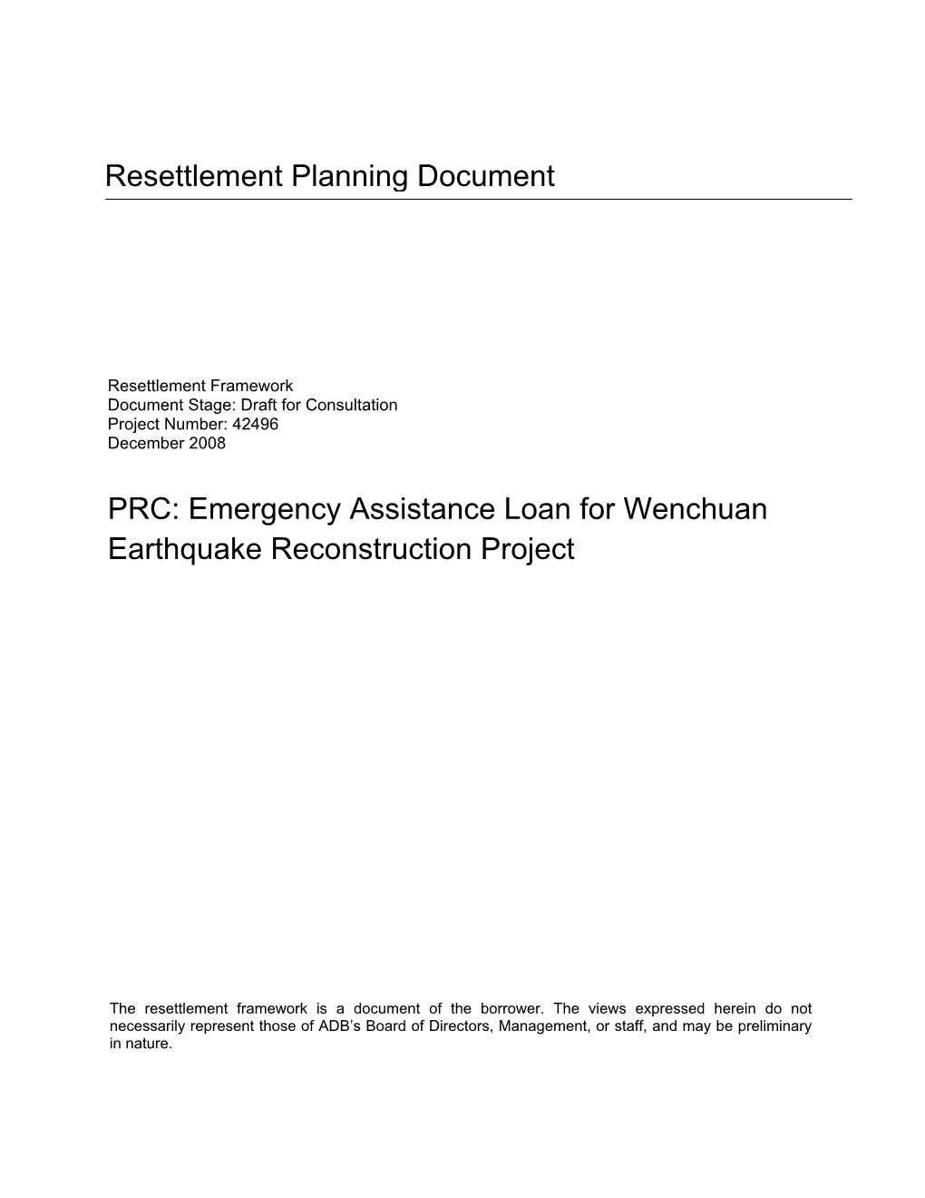 Emergency Assistance Loan for Wenchuan Earthquake Reconstruction Project