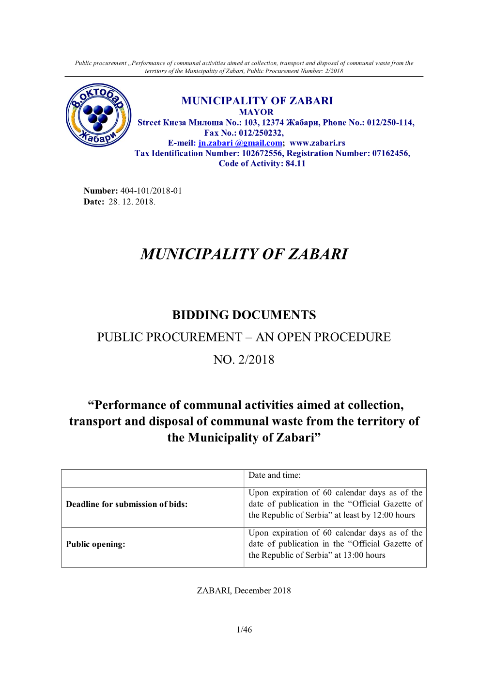 Municipality of Zabari Bidding Documents