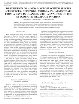 Description of a New Macrobrachium Species (Crustacea: Decapoda: Caridea: Palaemonidae) from a Cave in Guangxi, with a Synopsis of the Stygobiotic Decapoda in China