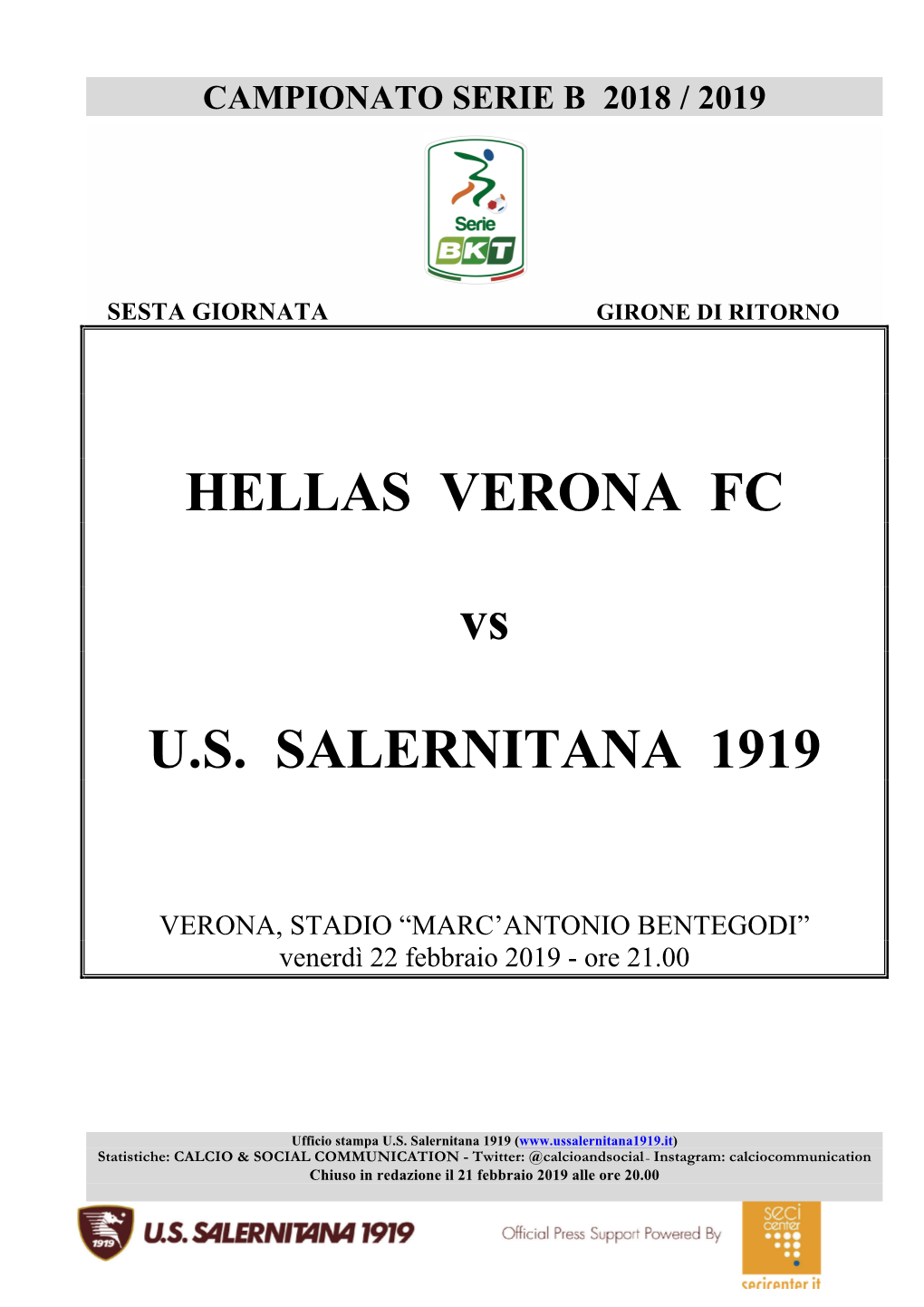 HELLAS VERONA FC Vs U.S. SALERNITANA 1919