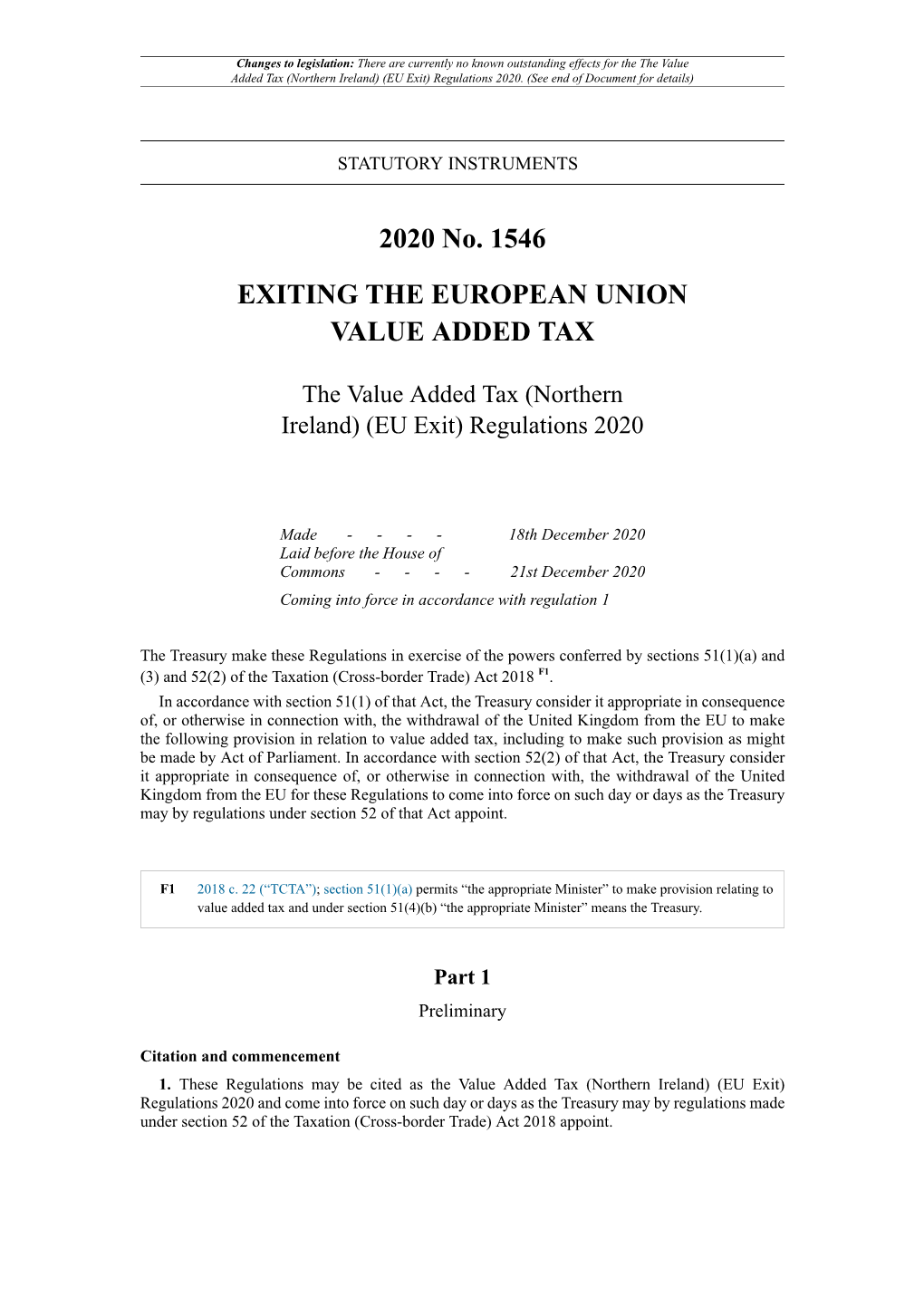 The Value Added Tax (Northern Ireland) (EU Exit) Regulations 2020
