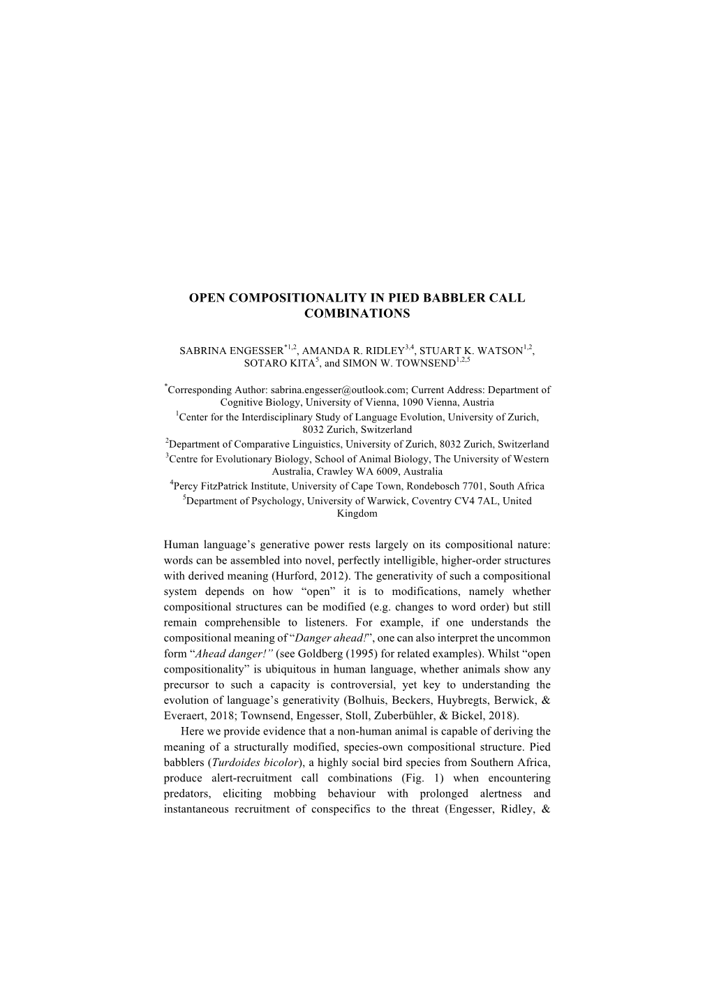 Open Compositionality in Pied Babbler Call Combinations