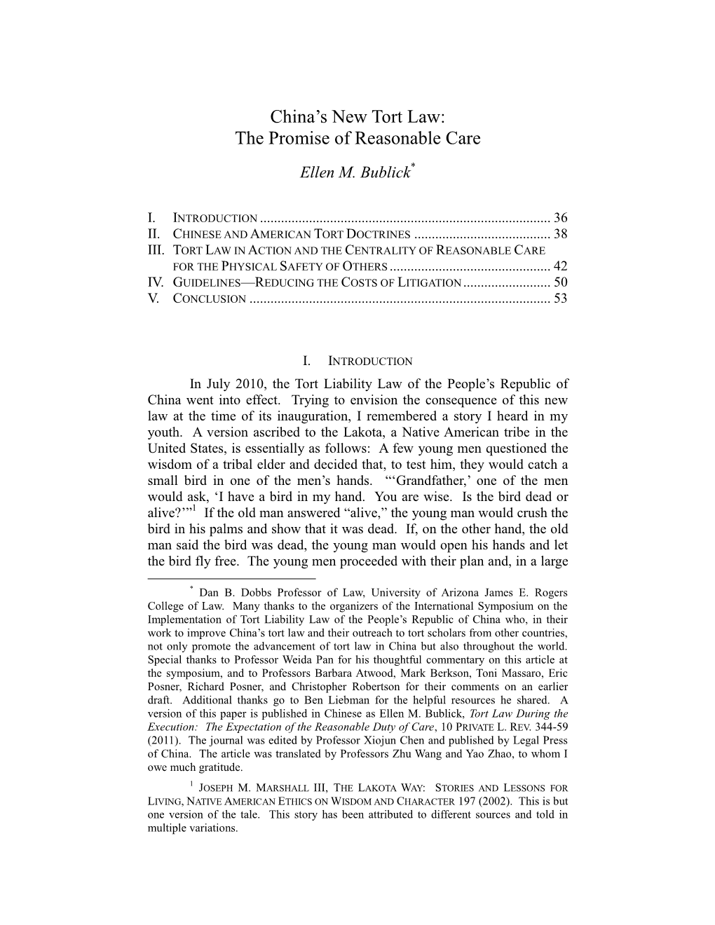 China‟S New Tort Law: the Promise of Reasonable Care