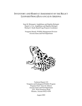 Inventory and Habitat Assessment of the Relict Leopard Frog (Rana Onca) in Arizona