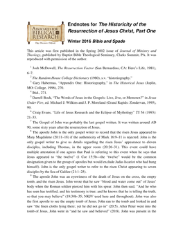 Endnotes for the Historicity of the Resurrection of Jesus Christ, Part One