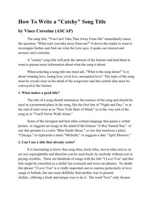 How to Write a "Catchy" Song Title by Vince Corozine (ASCAP)