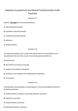 Database of Questions for the Medical Final Examination (LEK) Psychiatry