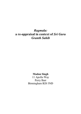 Ragmala: a Re-Appraisal in Context of Sri Guru Granth Sahib