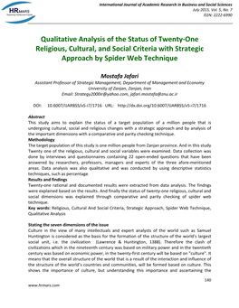 Qualitative Analysis of the Status of Twenty-One Religious, Cultural, and Social Criteria with Strategic Approach by Spider Web Technique