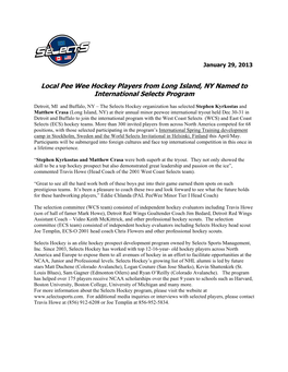 Local Pee Wee Hockey Players from Long Island, NY Named to International Selects Program
