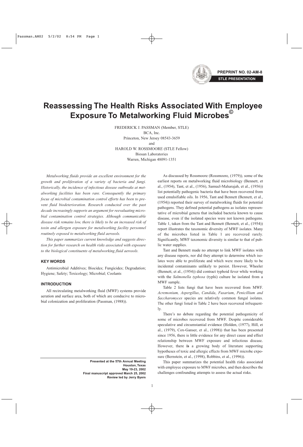 Reassessing the Health Risks Associated with Employee Exposure to Metalworking Fluid Microbes©