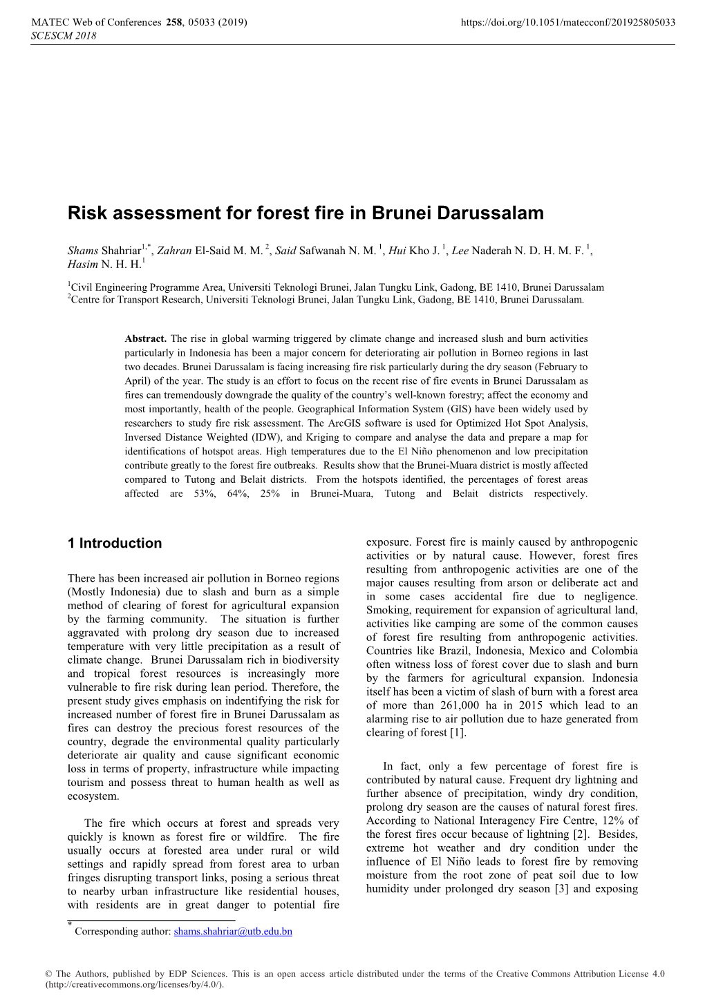 Risk Assessment for Forest Fire in Brunei Darussalam