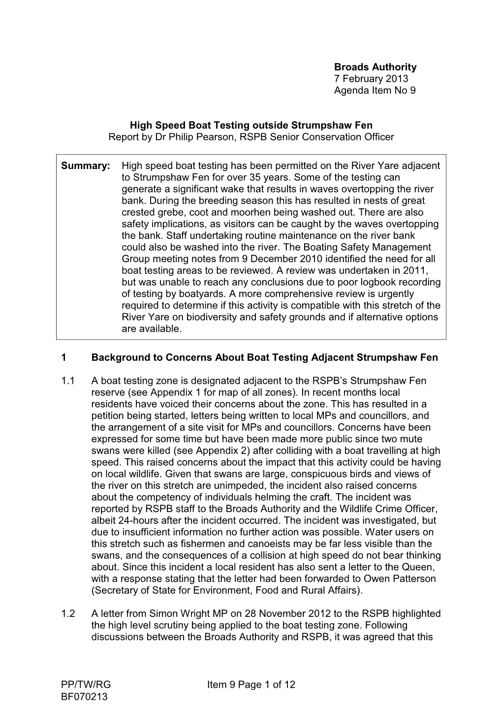 High Speed Boat Testing Outside Strumpshaw Fen Report by Dr Philip Pearson, RSPB Senior Conservation Officer