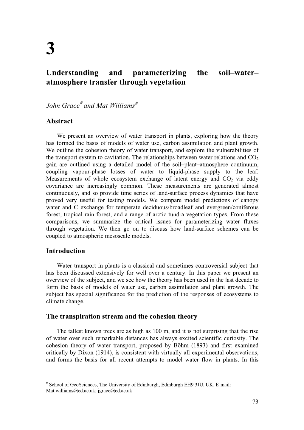 Understanding and Parameterizing the Soil–Water– Atmosphere Transfer Through Vegetation